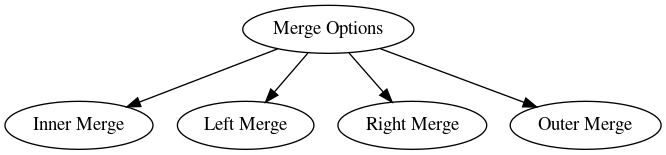 digraph {
"Merge Options" -> "Inner Merge"
"Merge Options" -> "Left Merge"
"Merge Options" -> "Right Merge"
"Merge Options" -> "Outer Merge"
}